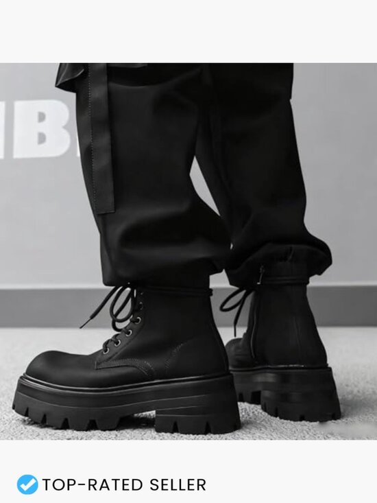 Black Leather Lace-Up Platform Combat Boots Chunky Heel Lug Sole Side Zipper